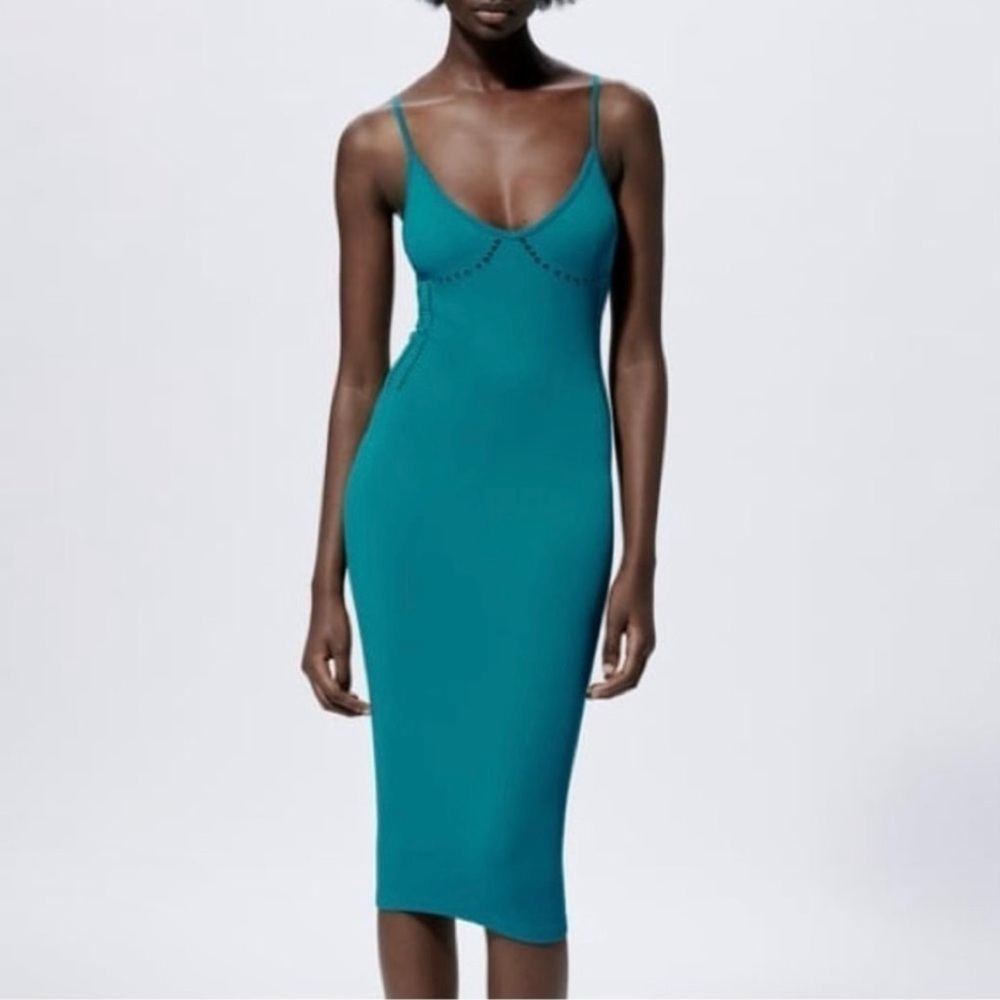 Zara Teal Blue Seamless Bodycon Perforated Midi Dress Sleeveless Sz M/L